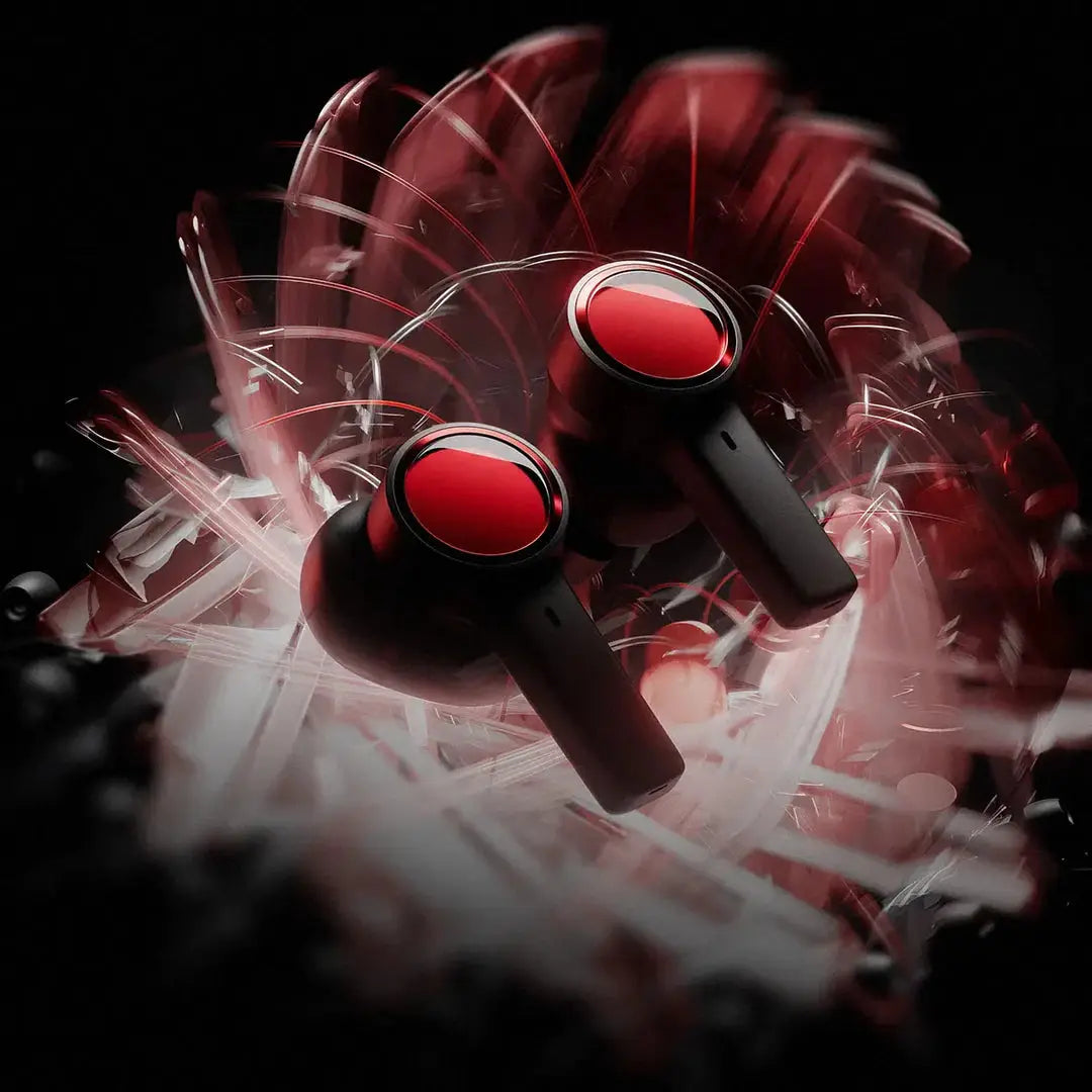 An abstract image of Crimson-colored earphones.