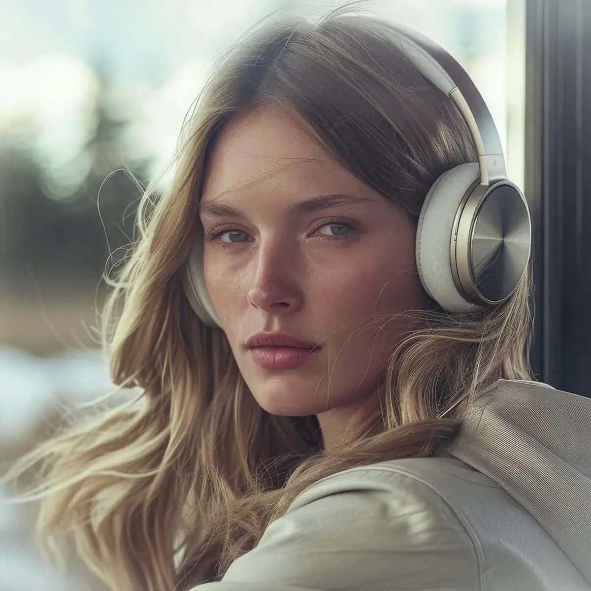 A woman wearing wireless bluetooth headphones.